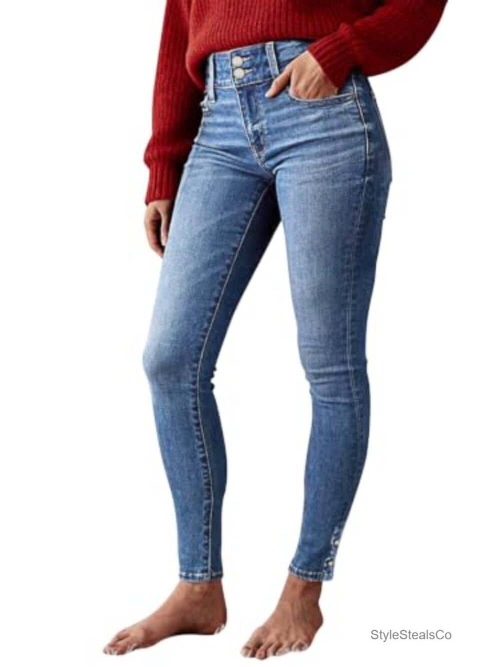 High Rise Butt Lifting Skinny Crop Jeans Button Hem Cotton Blend